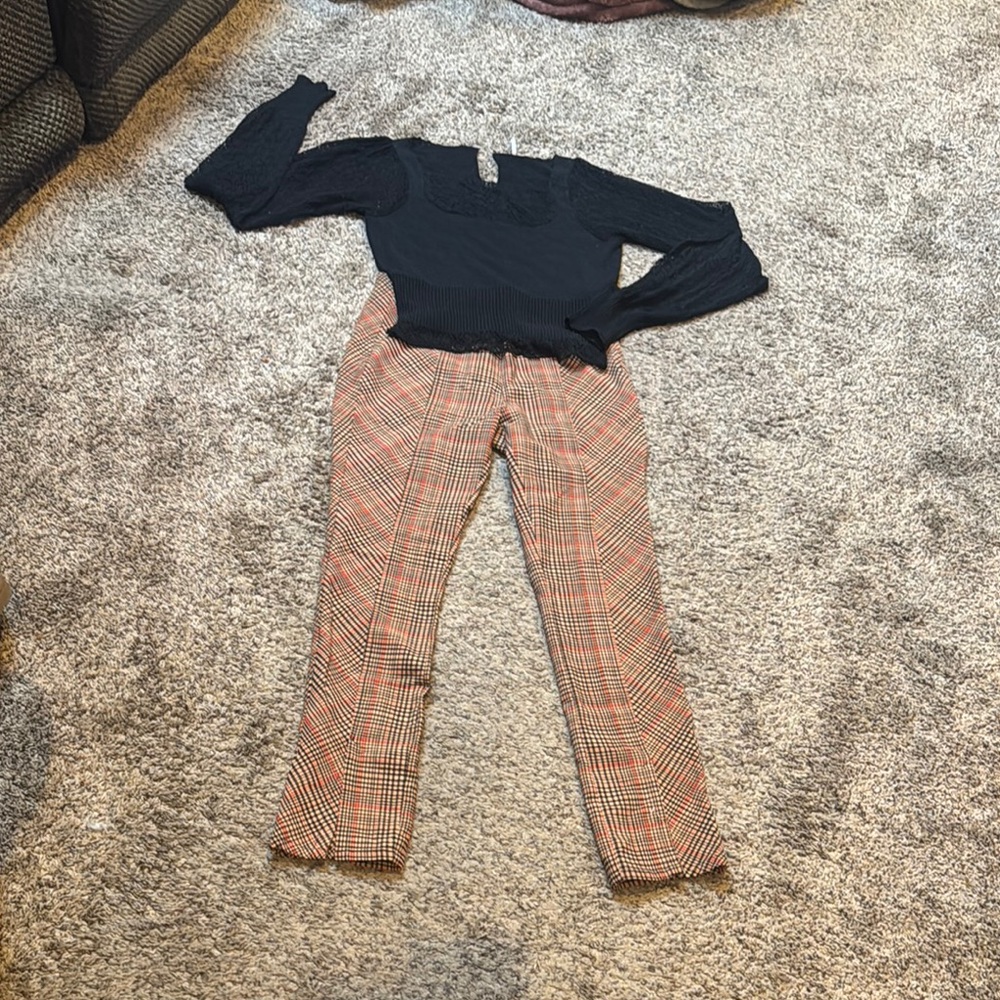 Black Top and Plaid Pants Set
